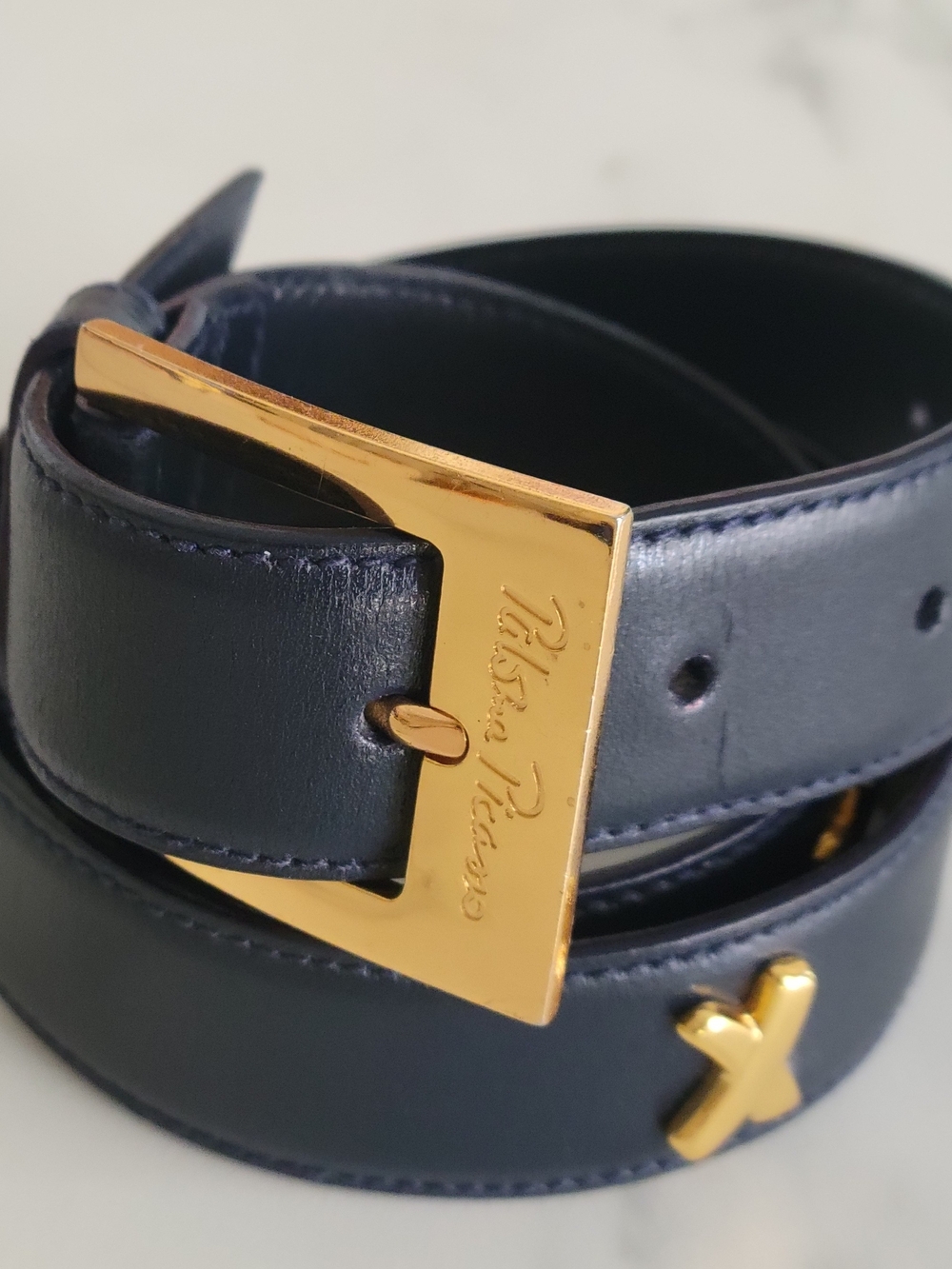 Paloma Picasso Navy Leather Belt with Gold Hardware